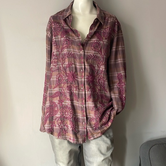 Johnny Was Workshop Button Up Plaid Embroidered Shirt - Picture 1 of 11